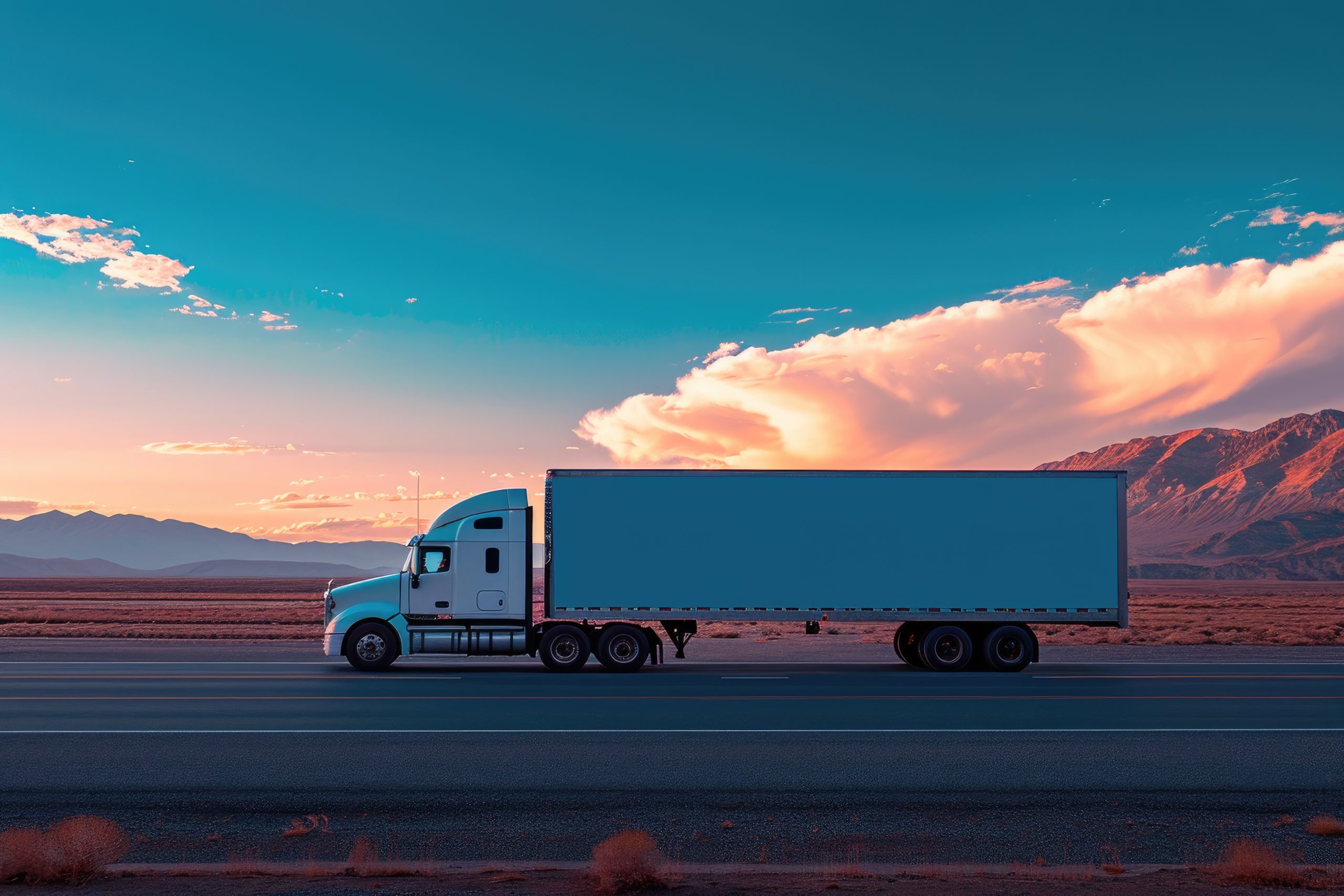Cargo truck in motion with a white empty trailer on a highway road in the united states. Semi-truck with a trailer driving through a desert landscape at sunset, with a backdrop of mountains and colorful clouds in the sky.