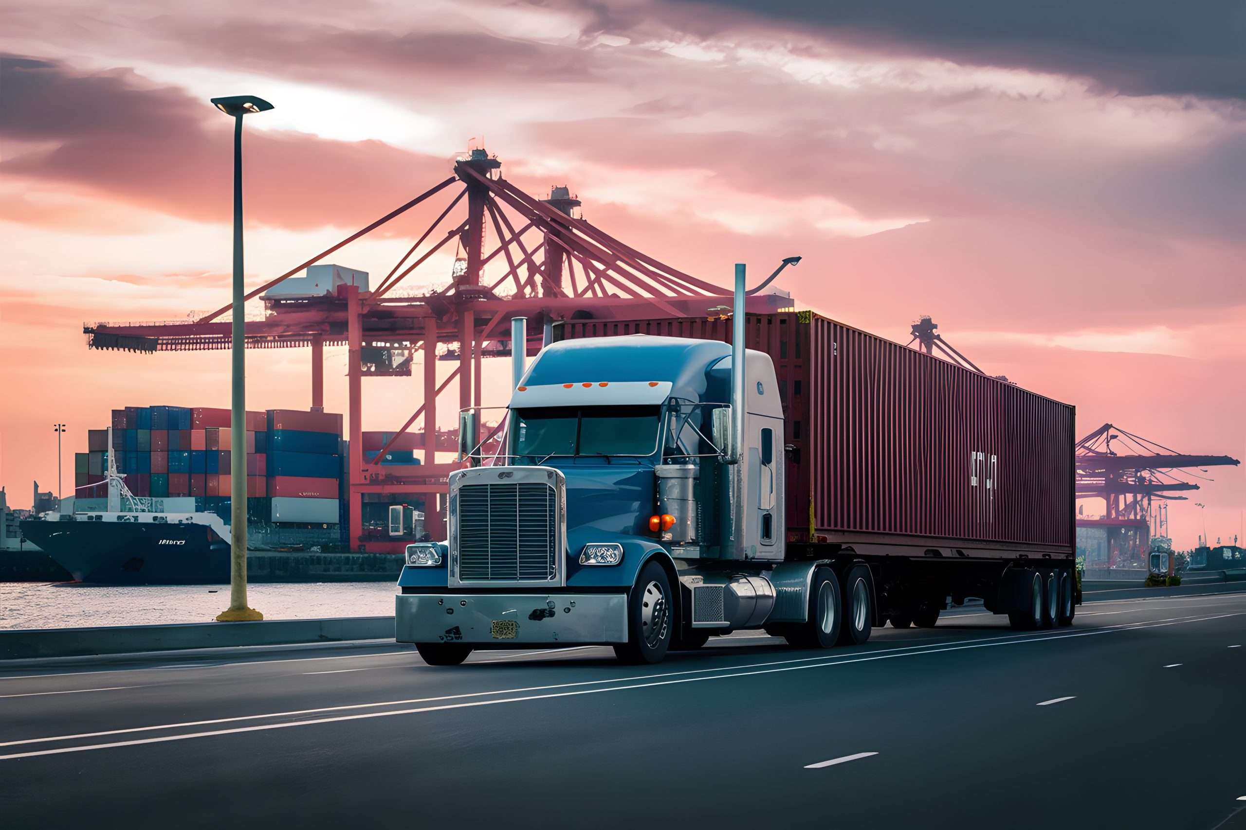 Truck trailer at cargo port terminal with cranes, containers Blue semi-truck hauling a shipping container at a port terminal, with cargo cranes and a cargo ship in the background during a sunset.